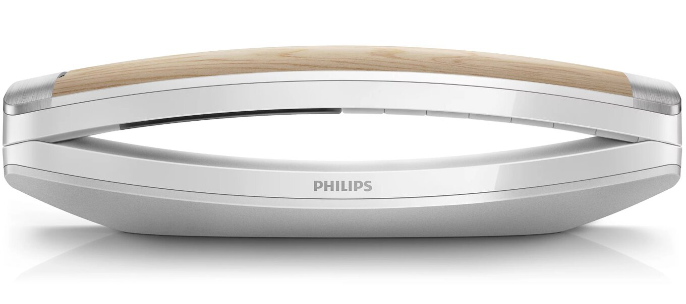 Philips 8000 Series Design cordless phone with a wood and aluminium handset resting on its base